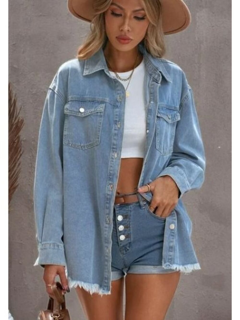 Women’s M Denim Button Down Shirt Distressed Hem Casual Top
